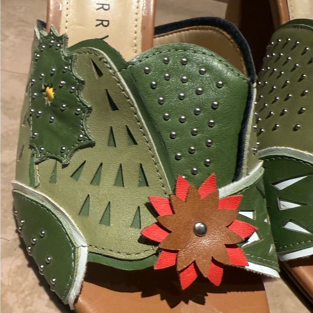 Katy Perry Collections Green and Red Mules with Floral Cutouts - Picture 2 of 9